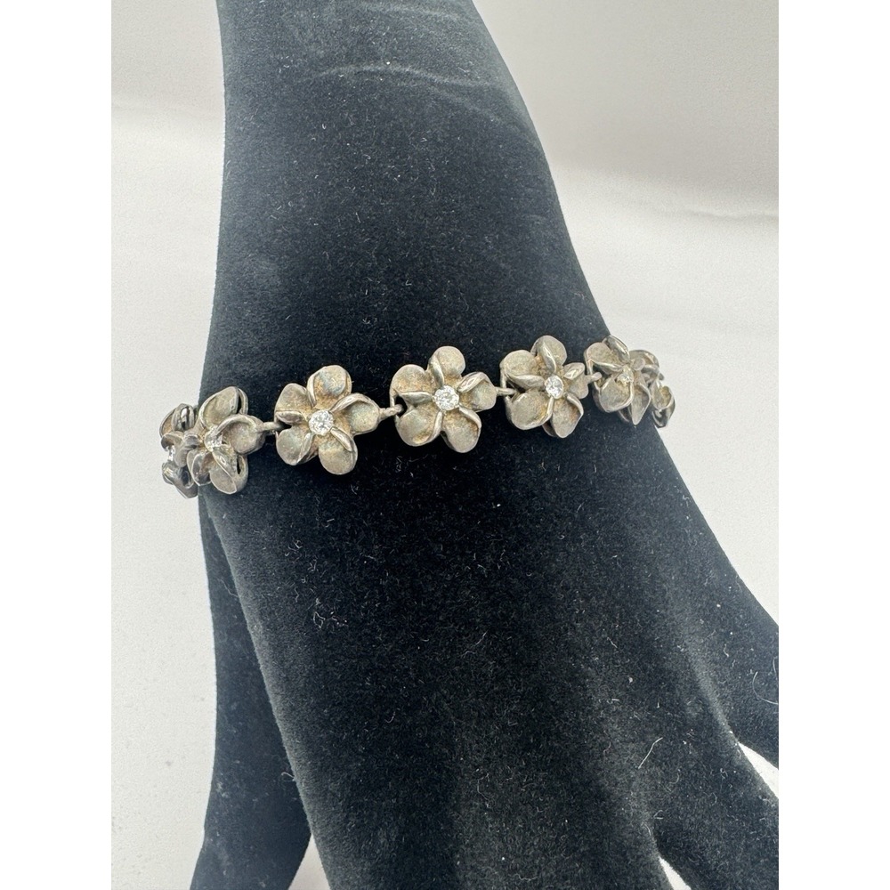 925 Sterling Silver Flower Link Bracelet Clear Stone Floral Vintage - Picture 3 of 3